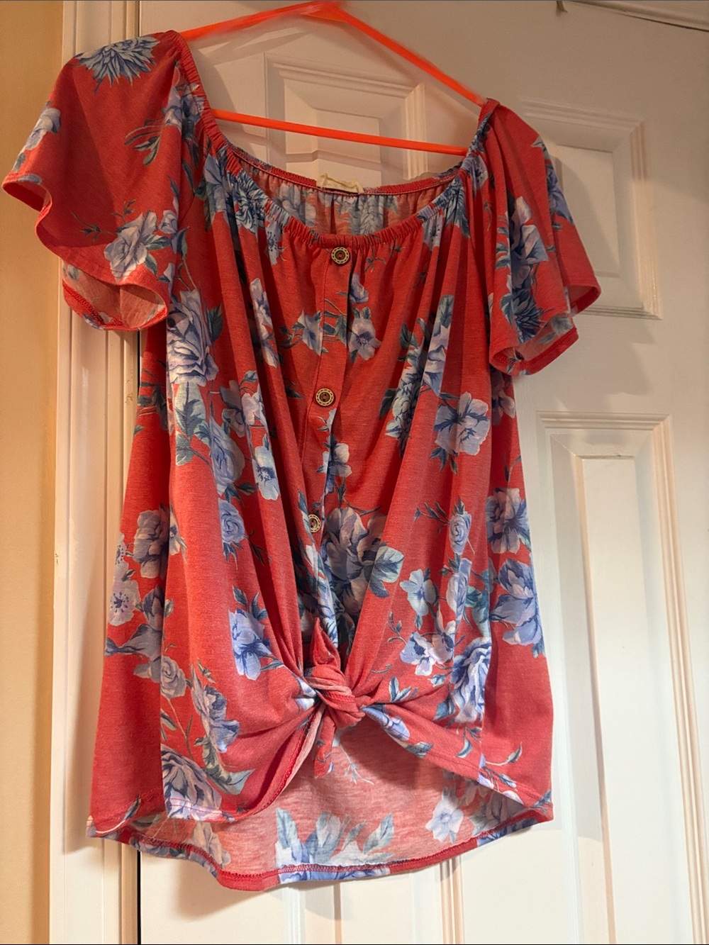 1.4.3. Story by Line Up Coral Floral Off-Shoulder Knot-Front Blouse